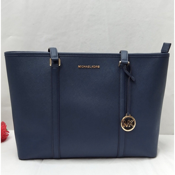 Michael Kors Navy Blue Leather Double Handles Zipper Closure Tote Shoulder Bag - Picture 3 of 16